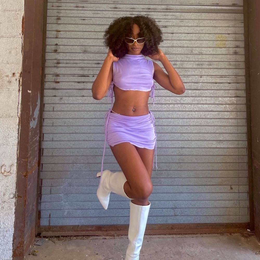 Lilac Ruched Mini Skirt & Mock Neck Crop Top Set